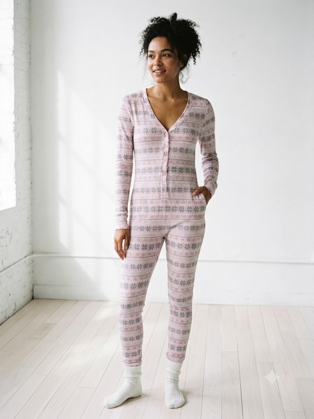 La Vie En Rose Women’s Pink Long-Sleeve Henley Thermal One-Piece Pajama